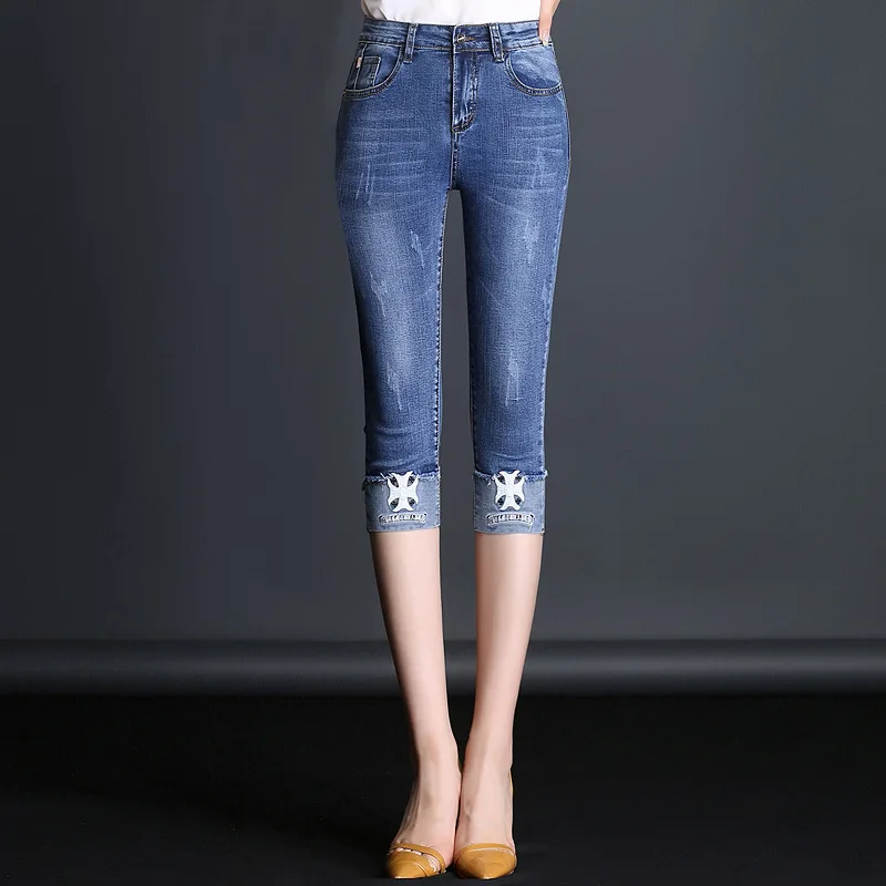 Jbersee Denim Skinny Jeans Woman Summer Fashion Ladies Elastic Knee Length Capris Pants Sexy Push up Women's Female | Женская одежда