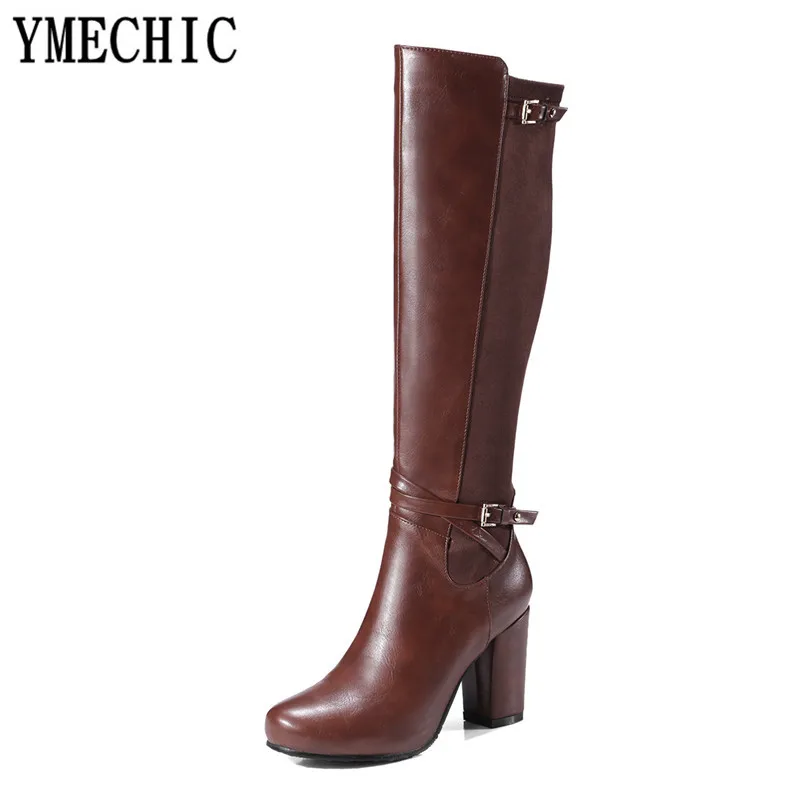 Женские мотоциклетные сапоги YMECHIC черные до колена на высоком массивном блочном