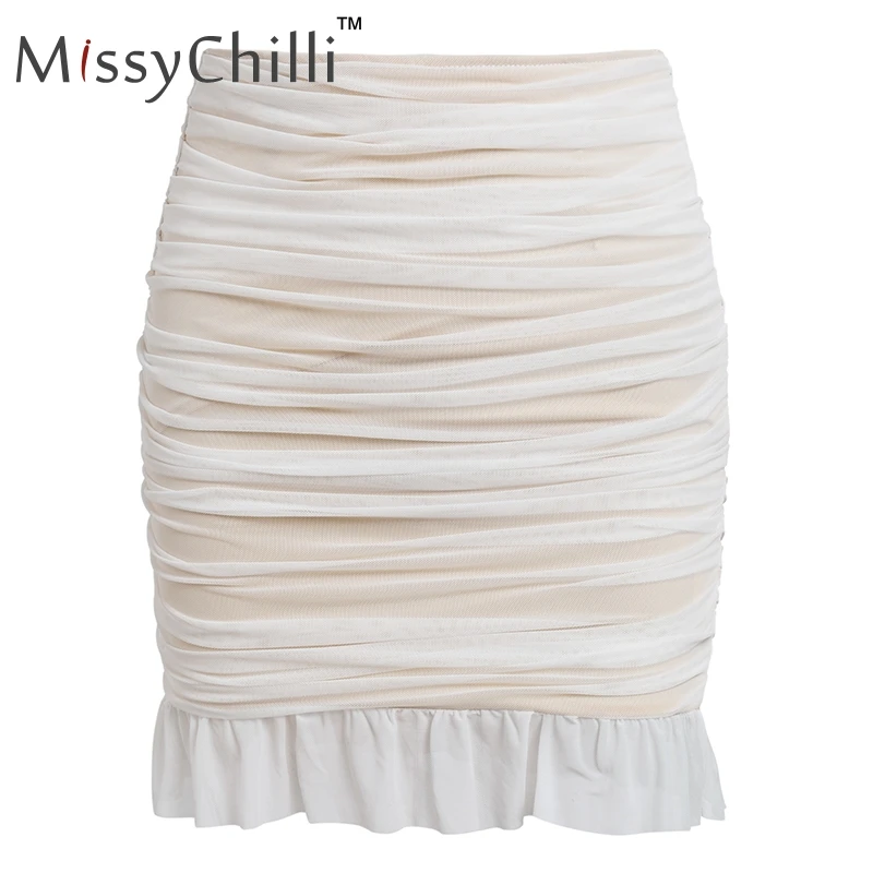 MissyChilli Elegant pleated bud ruffle women skirt Summer casual pink mesh mini Female streetwear high waist bottom | Женская одежда