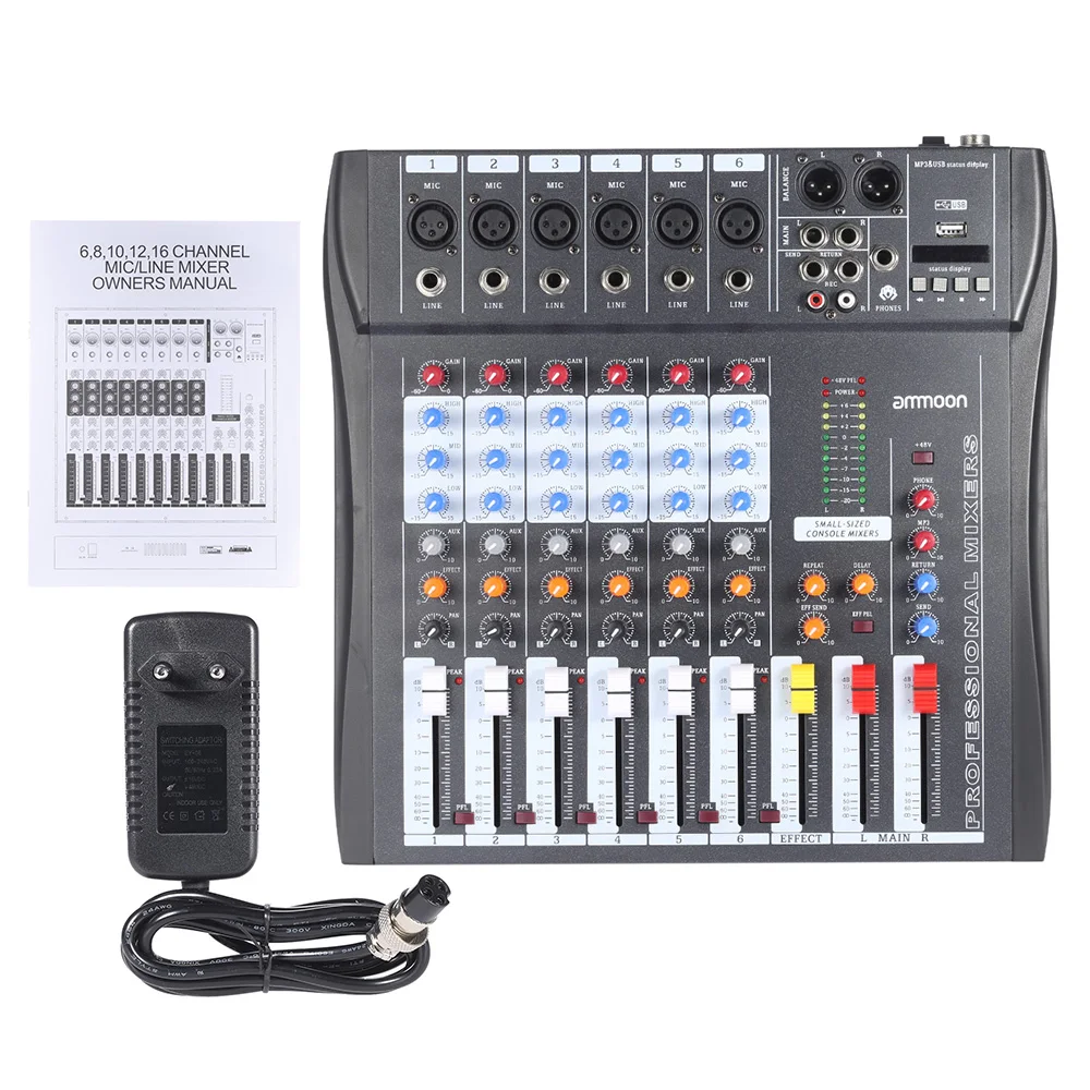 Ammoon 60S USB 6 каналов Mic Аудио миксер микшерная консоль 3 полосный эквалайзер XLR вход