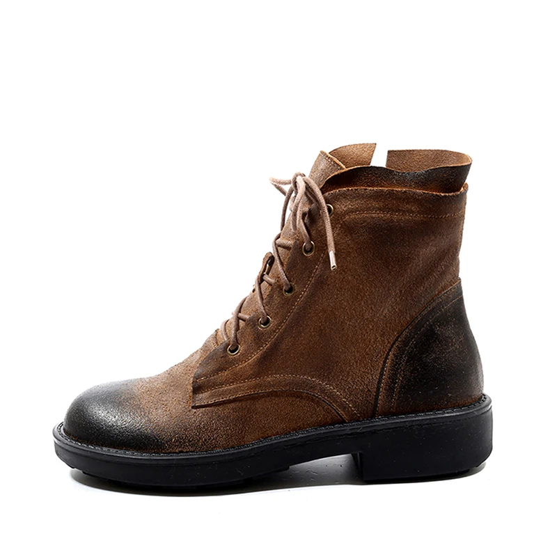 

Vintage leather ladies biker boots with rounded head and thick soles spring/autumn 2019 winter new side zipper lacing nude boots