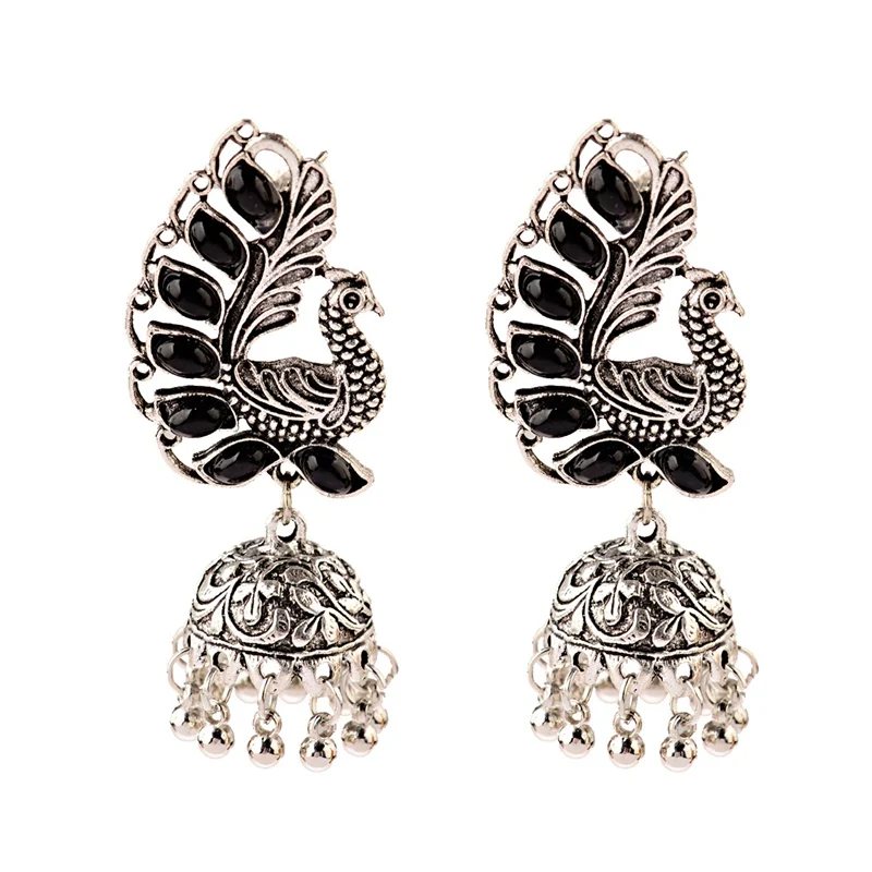Индийские ювелирные изделия Jhumka Jhumki из золота в виде этнического павлина, серьги для женщин в винтажном стиле с черными бусинами, висячие серьги с кисточками, ювелирные изделия - Окраска металла: Style 4