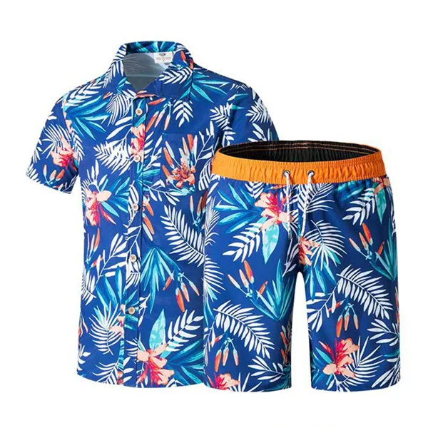 Men sets-Blue Летний пляжный комплект, мужской спортивный костюм с короткими рукавами и принтом листьев, повседневные Гавайские рубашки из двух предметов+ шорты для серфинга, Beacn одежда - Цвет: Men sets-Blue