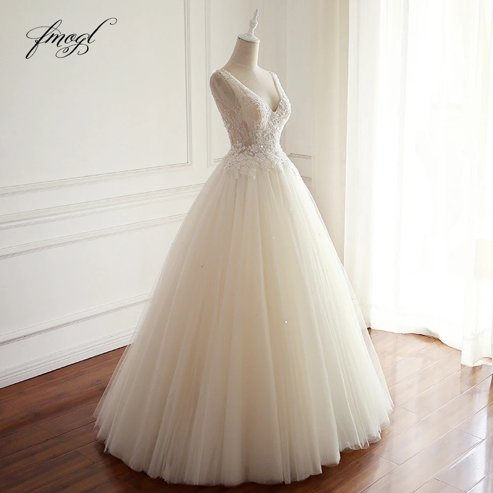 Fmogl Vestido De Noiva сексуальное свадебное платье без спинки с v-образным вырезом и складками, вышитое бисером, а-образное кружевное свадебное платье размера плюс