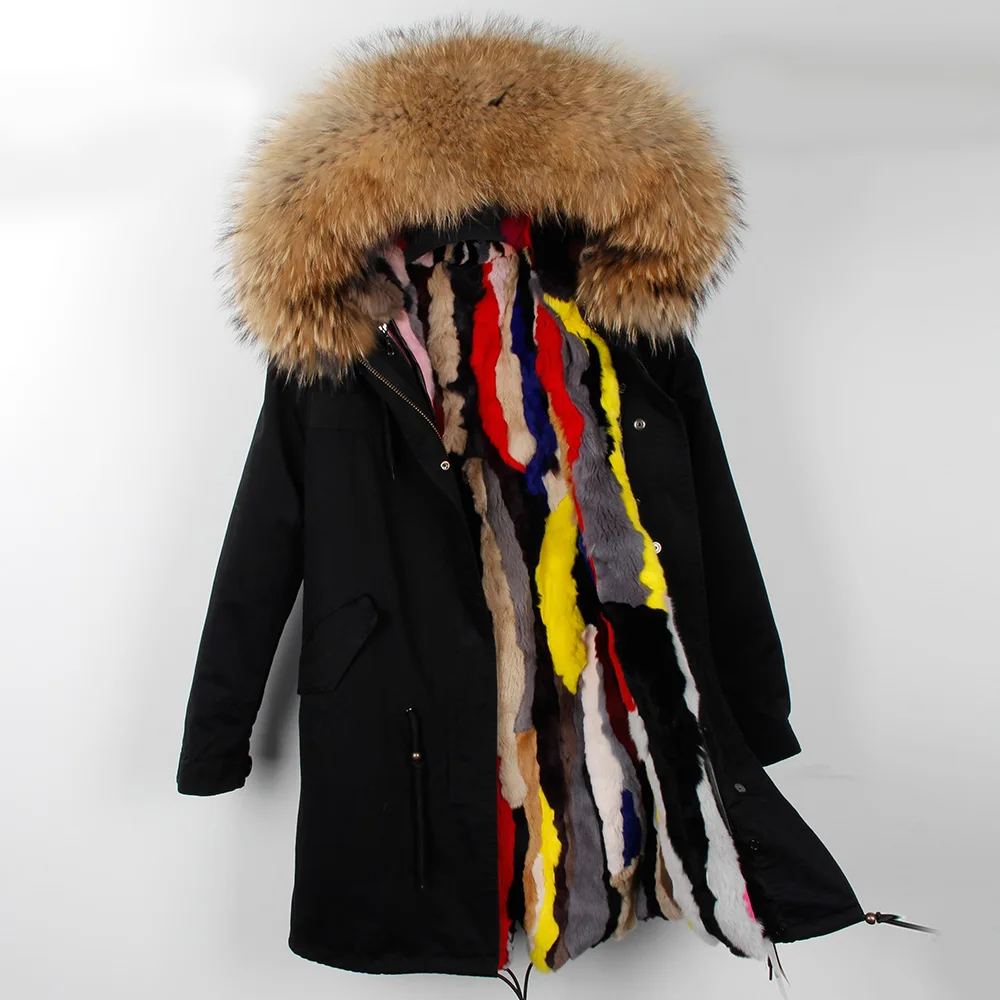 Sfdt новые модные женские роскошные меха енота воротник куртка с капюшоном толстом