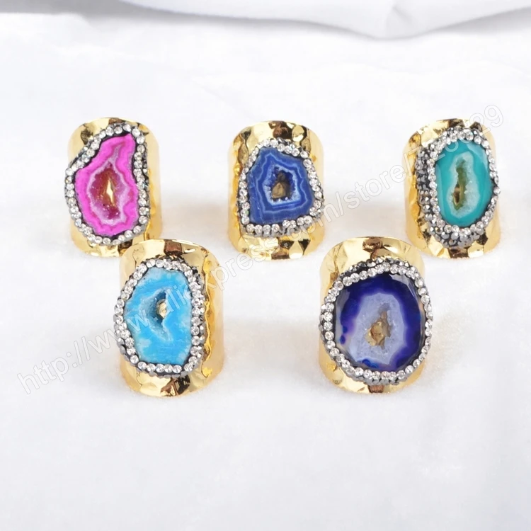 

BOROSA 5Pcs/lot Fashion New Gold Color Freeform Colorful Crystal Druzy Geode Band Ring Paved Zircons Beads JAB213