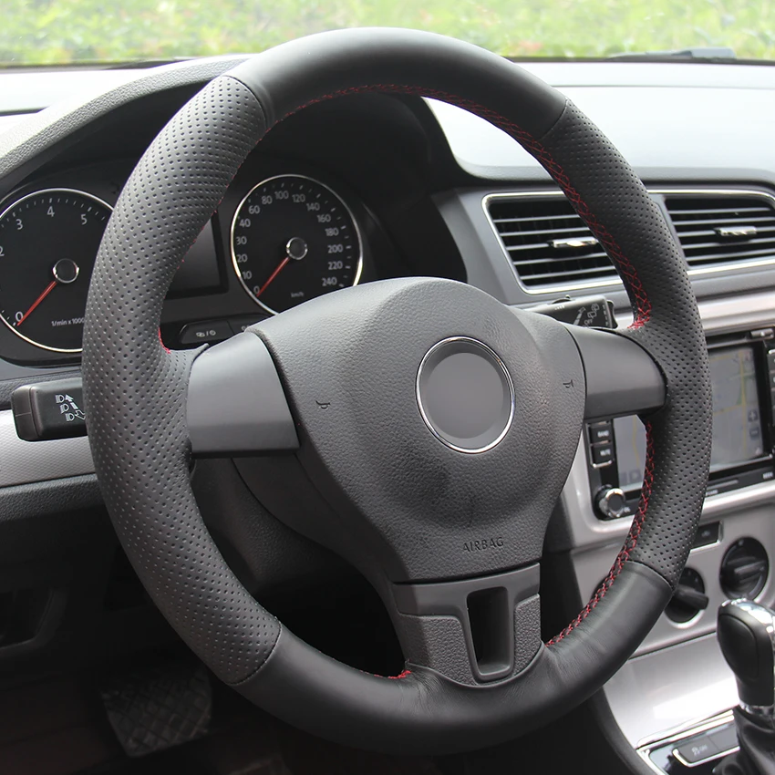 Черный синтетический кожаный чехол рулевого колеса автомобиля для Volkswagen VW Tiguan