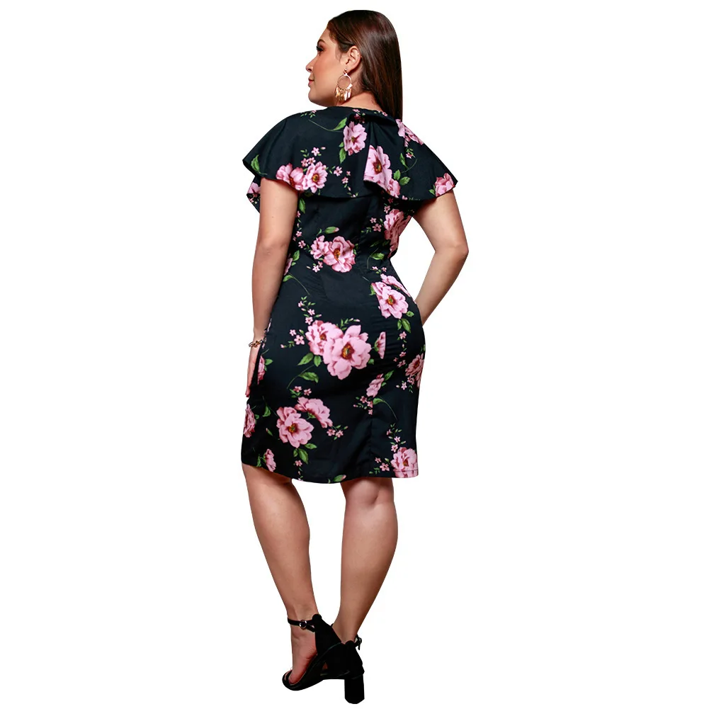 Bohemia floral print plus size bodycon women dress elegant V-neck short summer sleeve ruffles mini party | Женская одежда