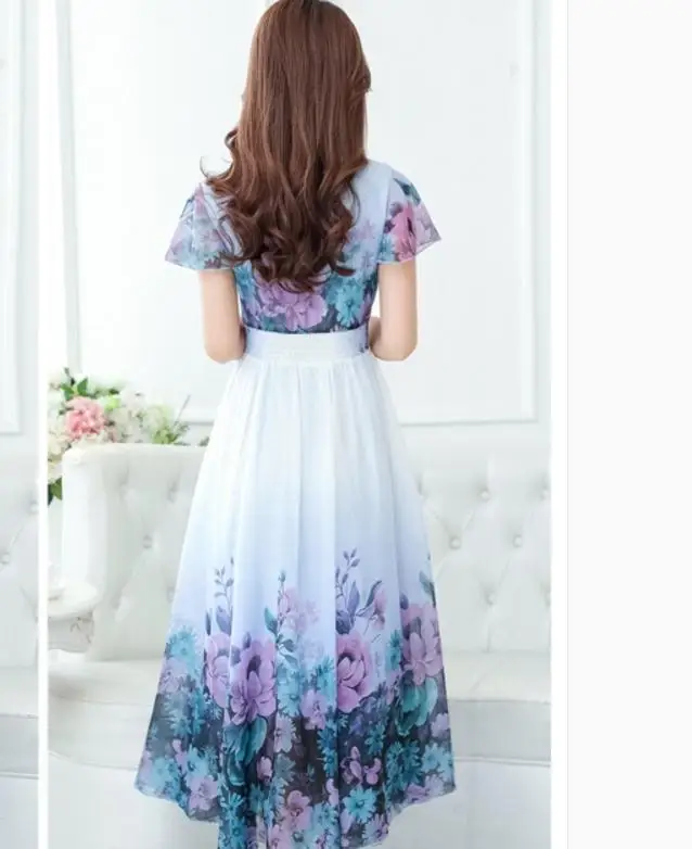 In the summer of 2017 new long chiffon dress temperament printed dresses beach with short sleeves | Женская одежда