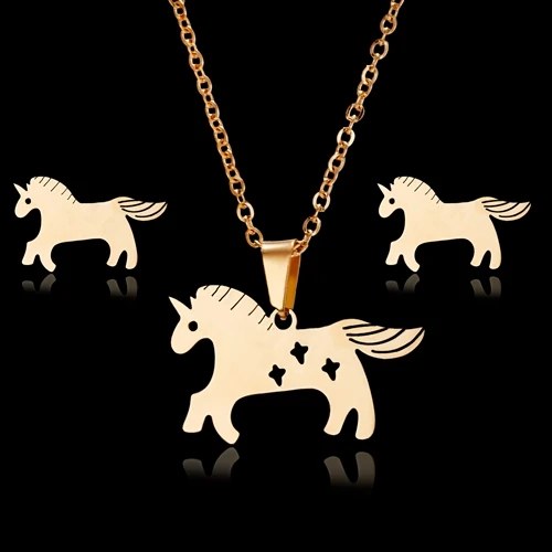 unicorn RINHOO Мама Любовь лошадь роза цветок Золото Цвет наборы из нержавеющей стали для женщин ожерелье серьги комплект ювелирных изделий День Матери ювелирные изделия - Окраска металла: unicorn