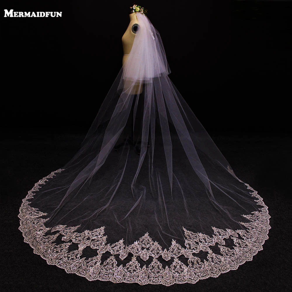 Двухслойная Кружевная аппликация с блестками Длинная свадебная вуаль расческой