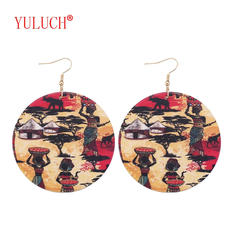 

Ювелирные изделия YULUCH с Африканской росписью, в этническом стиле, с живым узором, подвеска для личности, модные женские деревянные серьги, п...