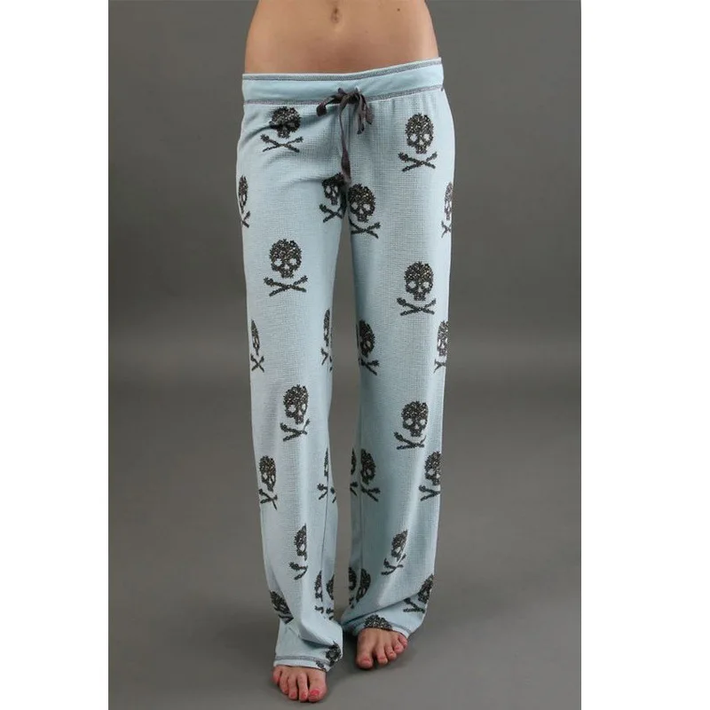 

2021 New Women Long Pants Casual Low Waist Flare Wide Leg Pants Harajuku Streetwear Skull Printed Pajama Trousers Pants Female