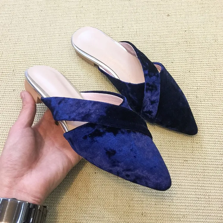 Женские бархатные шлепанцы MLJUESE синие пляжные сандалии с острым носком внутри из
