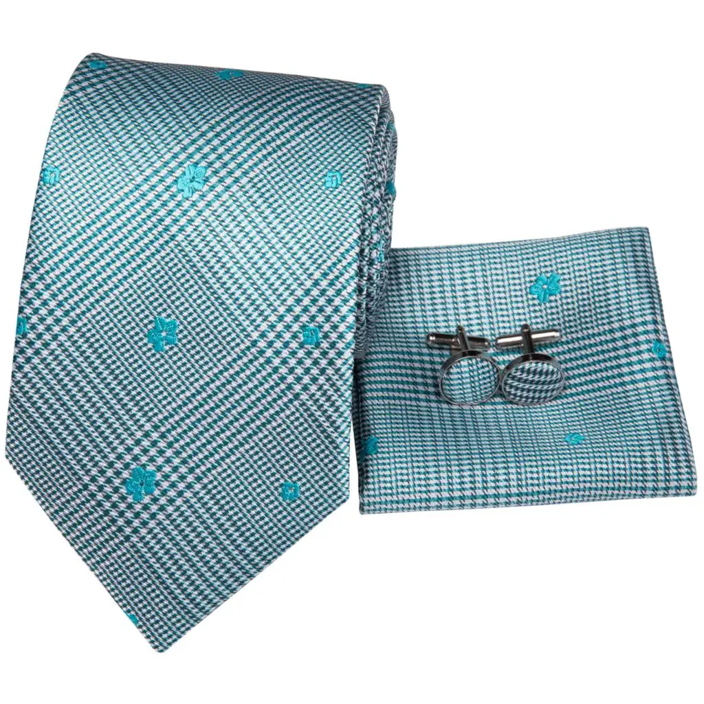 Hi-Tie Men Tie Silk New Plaid Ties for Blue Floral Neckties Hanky Cufflinks Set Men's Male Wedding Party Gravatas SN-3215 | Аксессуары