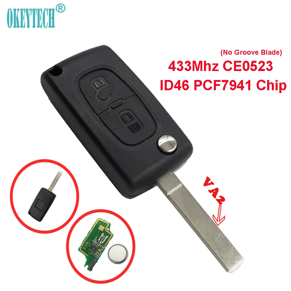 OkeyTech для Peugeot 2 Кнопка VA2 Uncut без паза лезвие Флип складной 433 МГц ID46 PCF7941 чип 407 Citroen