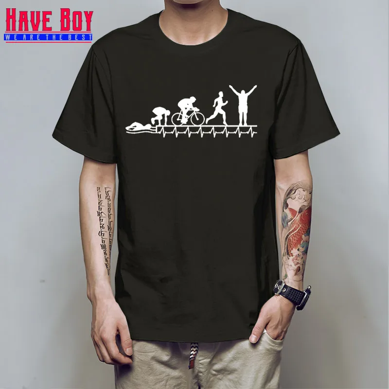 HAVE BOY Triathlon Ironman футболка для мужчин Триатлон сердцебиение Эволюция футболка для мужчин наряд Графический Мужской HB541 - Цвет: black white