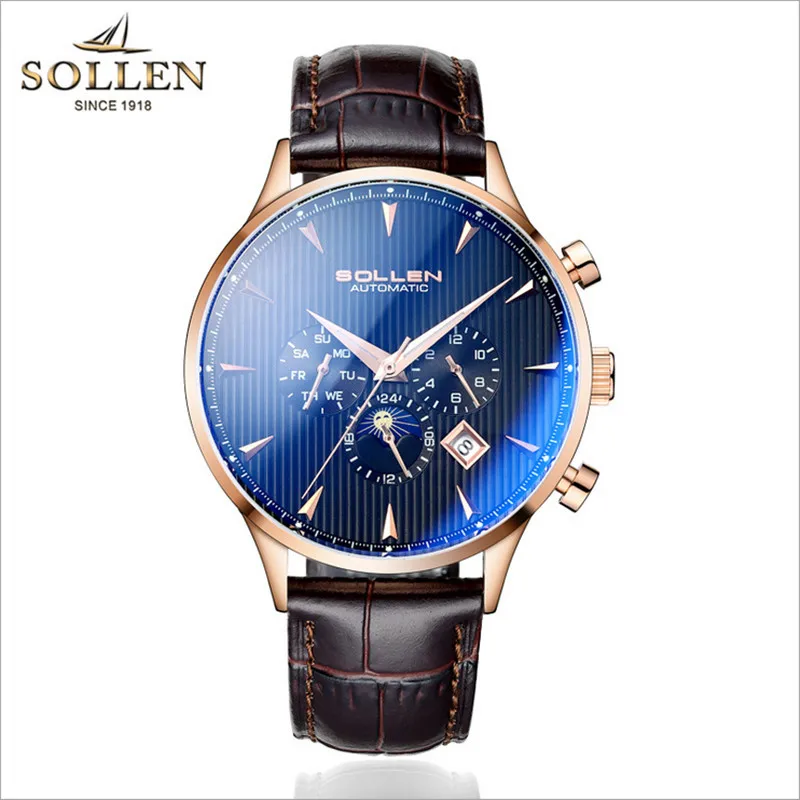 Fashion Coated Glass Multi-functional Men Automatic Self-winding Watches Moon Phase Calendar Watch Real Leather Analog Relogios