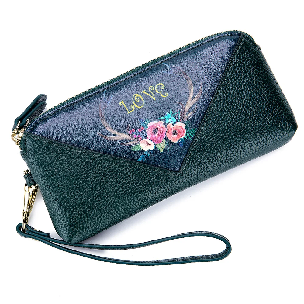 Модный Роскошный бренд, женский клатч, кошельки из натуральной кожи, большая вместительность, Воловья кожа, Длинный кошелек на молнии, кошелек с цветочным принтом, известный - Цвет: Green