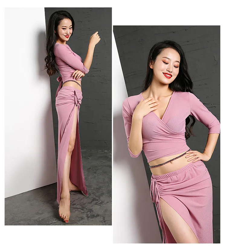 Новое поступление Для женщин Блеск Сетки Bellydance костюм 2 шт. с длинным рукавом Dancer Практика одежда для конкуренции черный фиолетовый Кофе