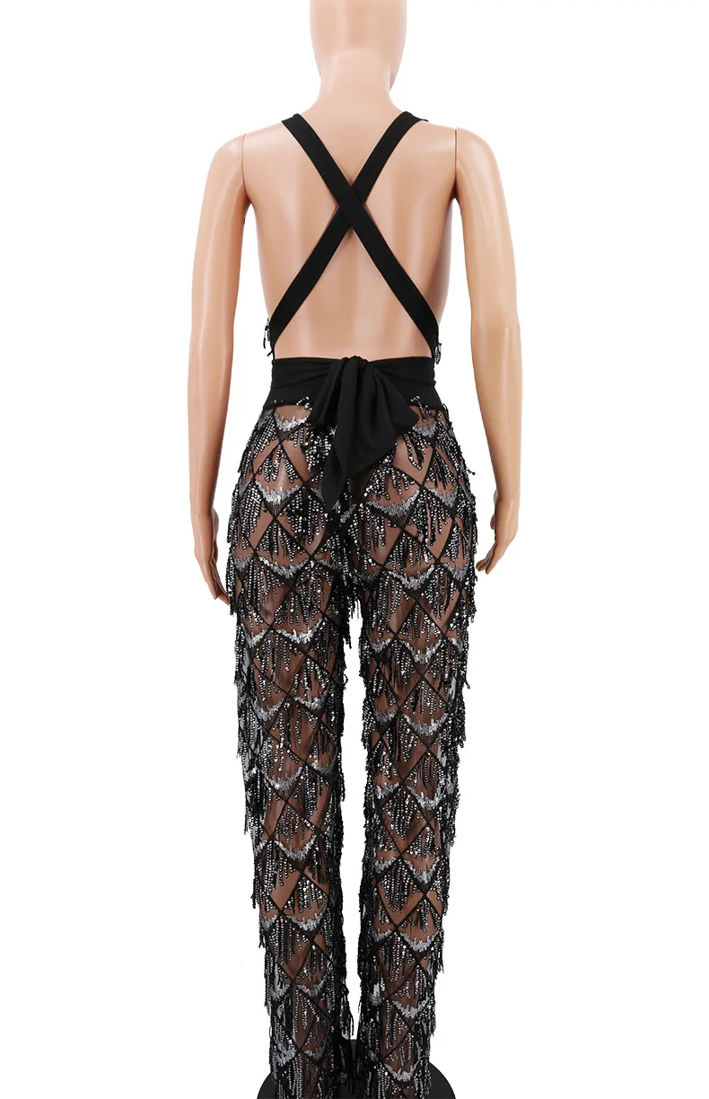 

High-end perspective sequins deep V sexy sequins jumpsuit