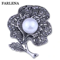 farlena jewelry black gun plated imitated pearl pins and brooches vintage rhinestone flower brooch for women