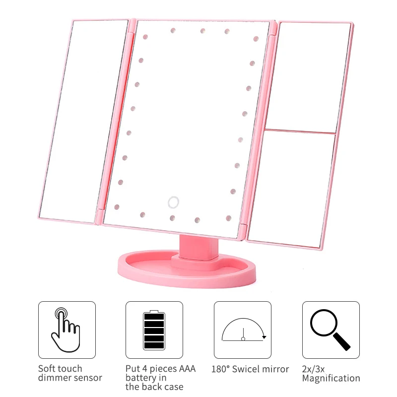 Складное зеркало для макияжа с сенсорным экраном 22 светодиода 2X/3X увеличительное