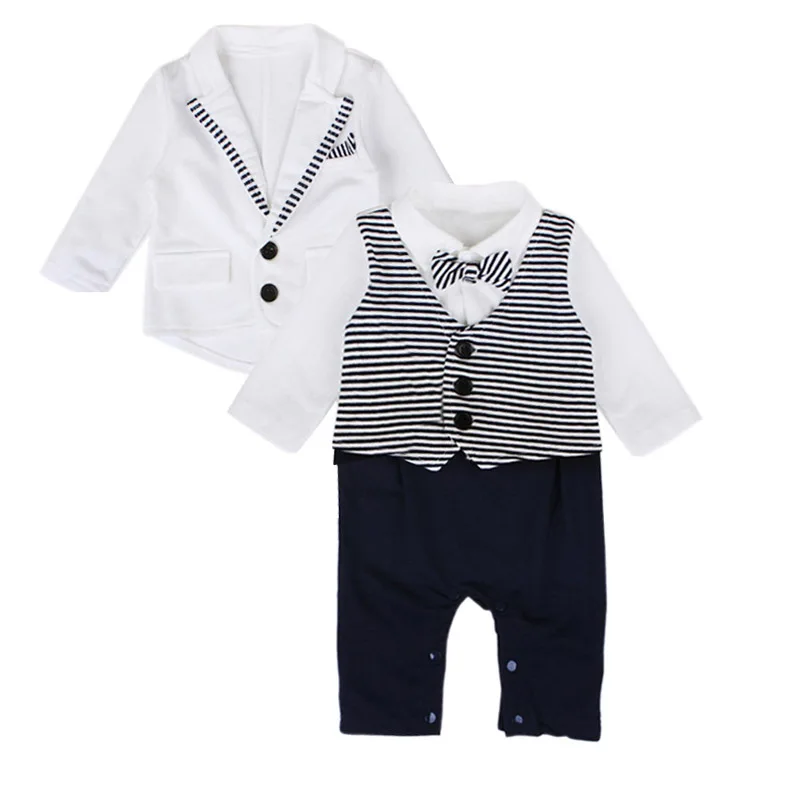 Newborn Fashion Gentleman Baby Boys Clothing Sets Kid infant White Small Suit+Rompers+Bowknot 3Pcs Suit Cotton Casual Clothes | Детская