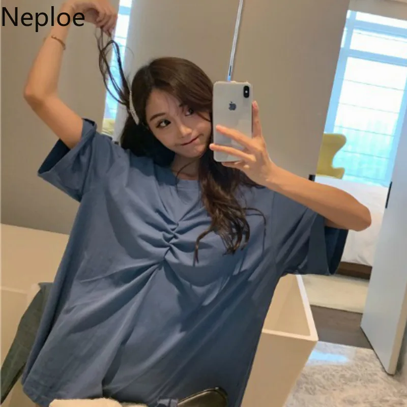Женские футболки с круглым вырезом Neploe Knotting корейские свободные однотонные Топы