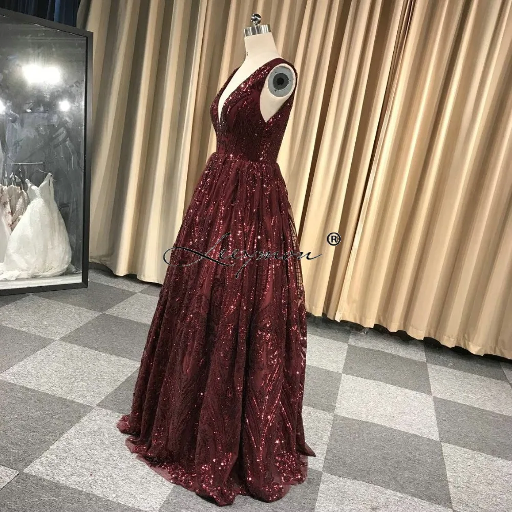 Leeymon2020   Free Shipping V-Neck Prom Dresses Sequins Lace Evening Party Dress A-Line Vestido De Festa Cheap Long Prom Dress