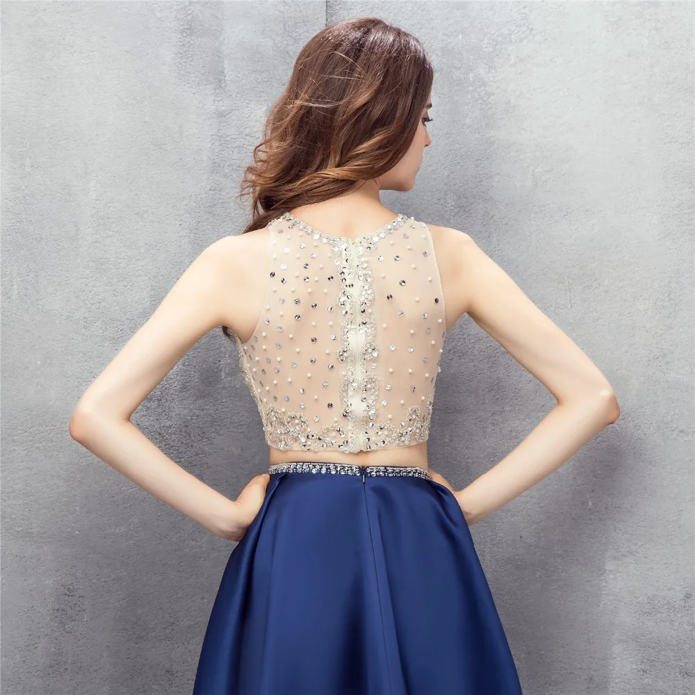 

BRLMALL Cheap 2017 Two Pieces Blue Homecoming Dresses Beaded Graduation Dress Sleeveless Satin Short Mini Prom Party Dress