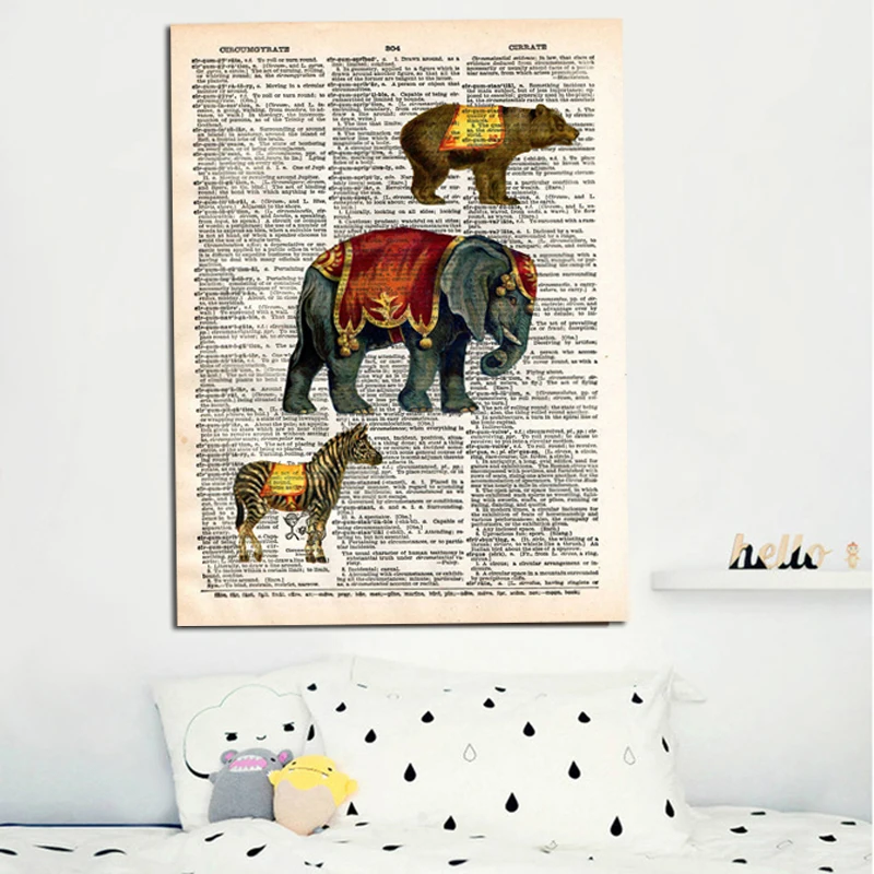 Цирковые животные винтажный журнал страница художественный Принт Холст Плакаты