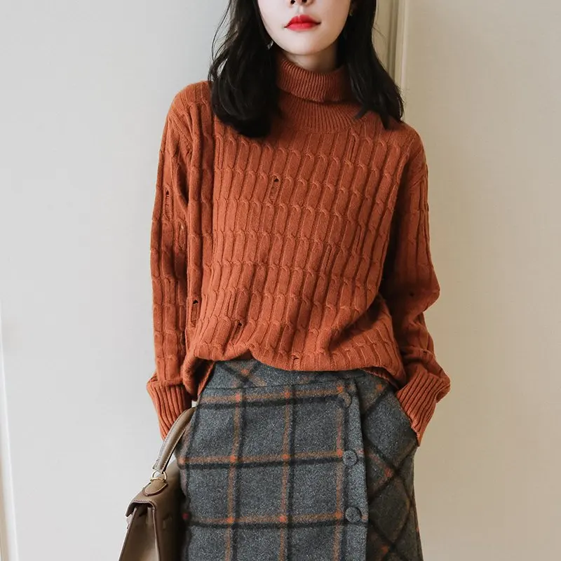 Для женщин повторяющийся кабель вязать Pattren рваные Ribbed Turtleneck толстый свитер