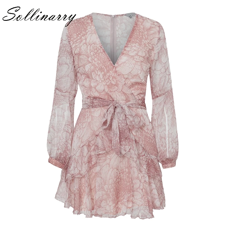 Sollinarry новинка весны Ретро стиль оборками женское платье Vestido шифон длинный рукав