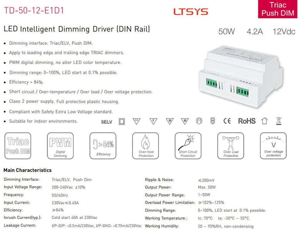 LTECH TD 50 12 E1D1 200 240VAC вход выход 12VDC 4.2A Вт Постоянное Напряжение CV intelligent Triac