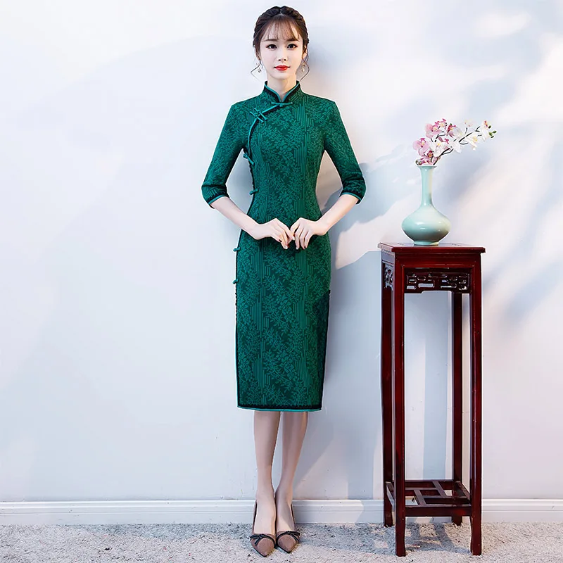 Благородная сексуальная длина до колена Cheongsam Новое весеннее винтажное платье в китайском стиле женские Qipao тонкие вечерние платья с пуговицами Vestido