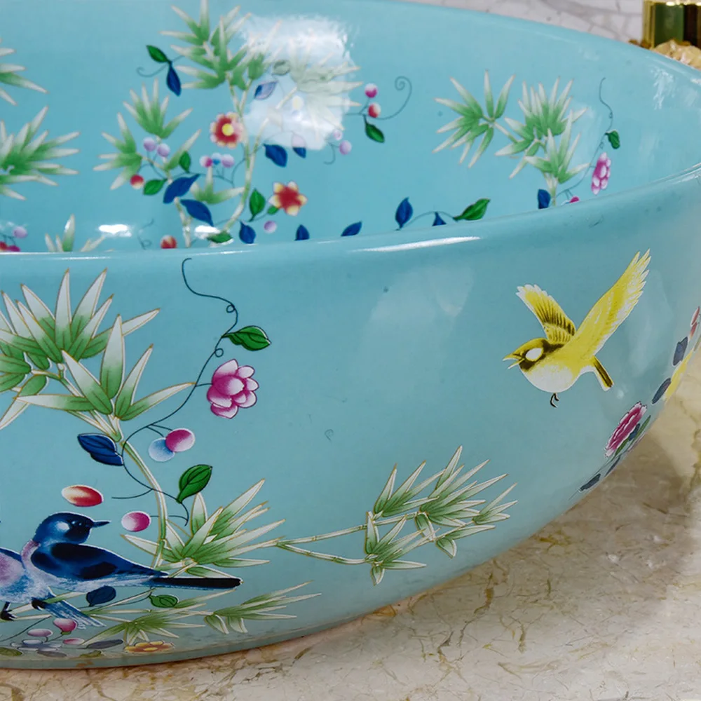 Домашний Умывальник для ванной комнаты Круглый умывальник с цветами и птицами