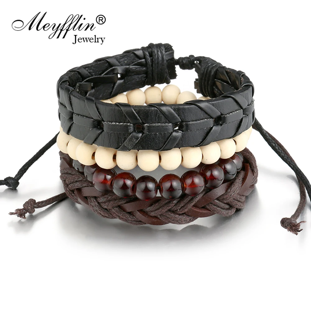 Meyfflin DIY Многослойные Кожаные Подвески мужской браслет модные деревянные бусы