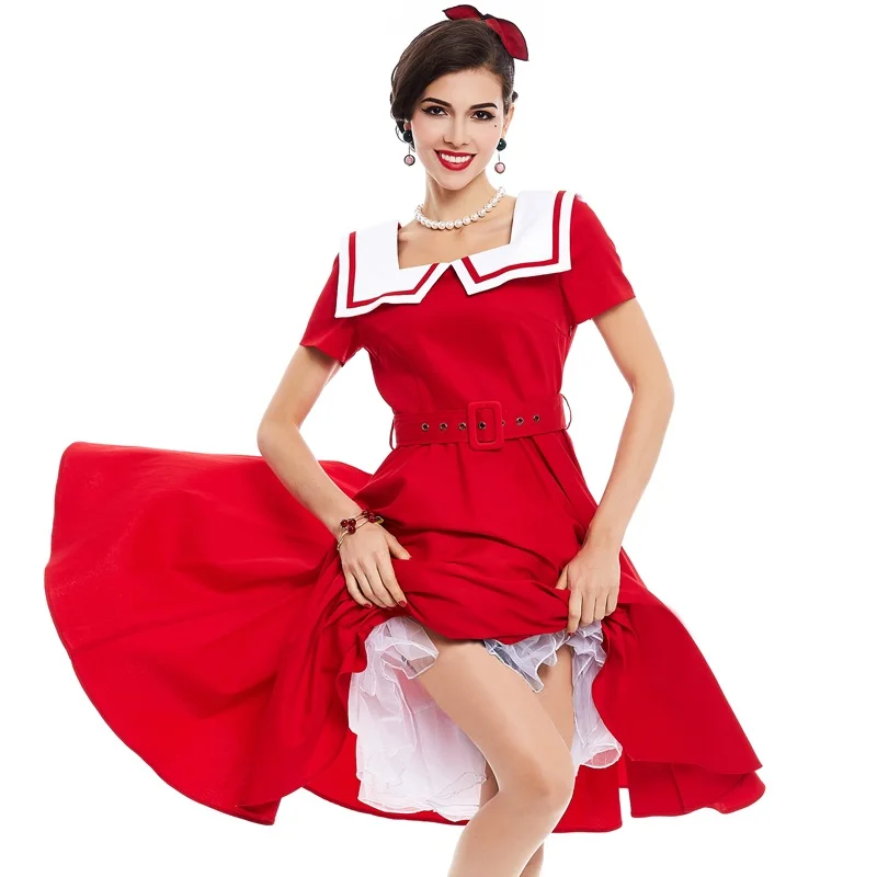 Queenus винтажное платье 1950 S стиль лето красное Pin Up с коротким рукавом морской