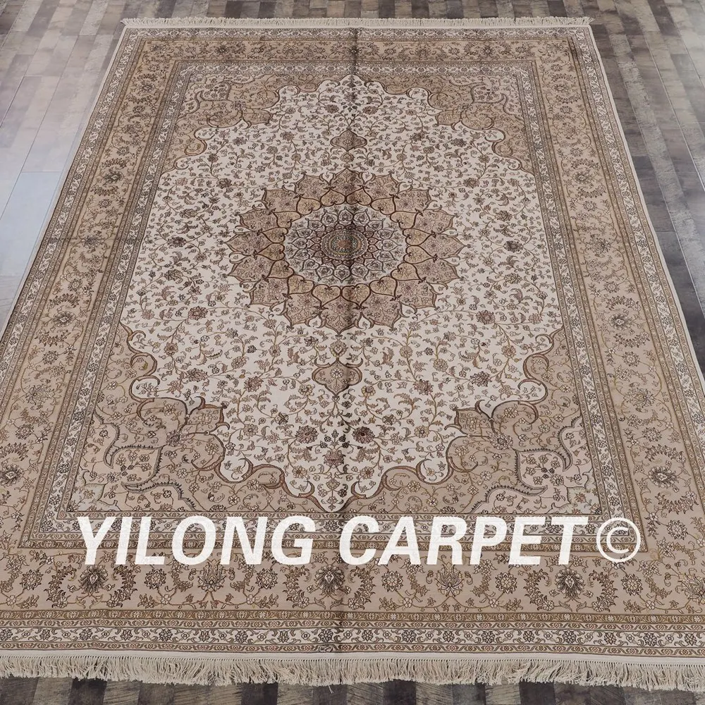 Yilong 9'x12' персидский шелковый ковер бежевый античный турецкий ручной работы