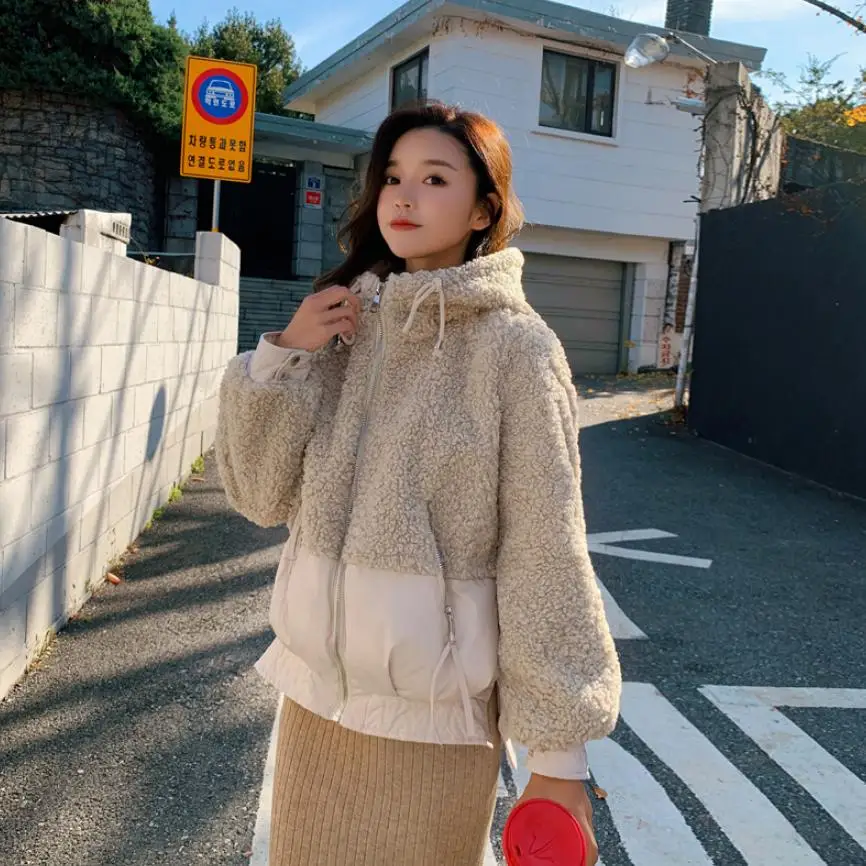 Winter Fashion Lamb Hair Splicing Cotton Coat Hooded Thicken Warm Jacket Back Letter Pattern Casual Slim Sustans Outerwear L1775 | Верхняя