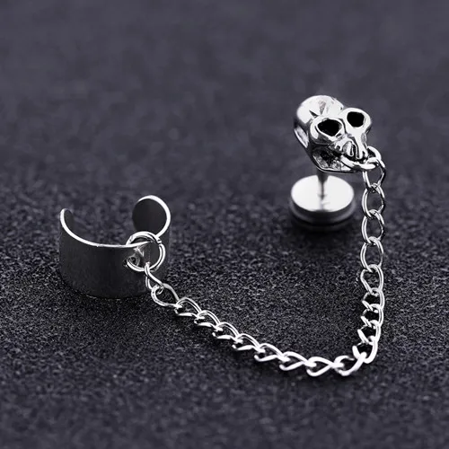 Sliver 1pcs 1 шт., новинка, панк стиль, женские Серьги Brincos, для девушек, цепочка с черепом, длинная цепочка, серьги-манжеты для ушей, клипсы для Мужчин, Ювелирные изделия, бижутерия - Окраска металла: Sliver 1pcs