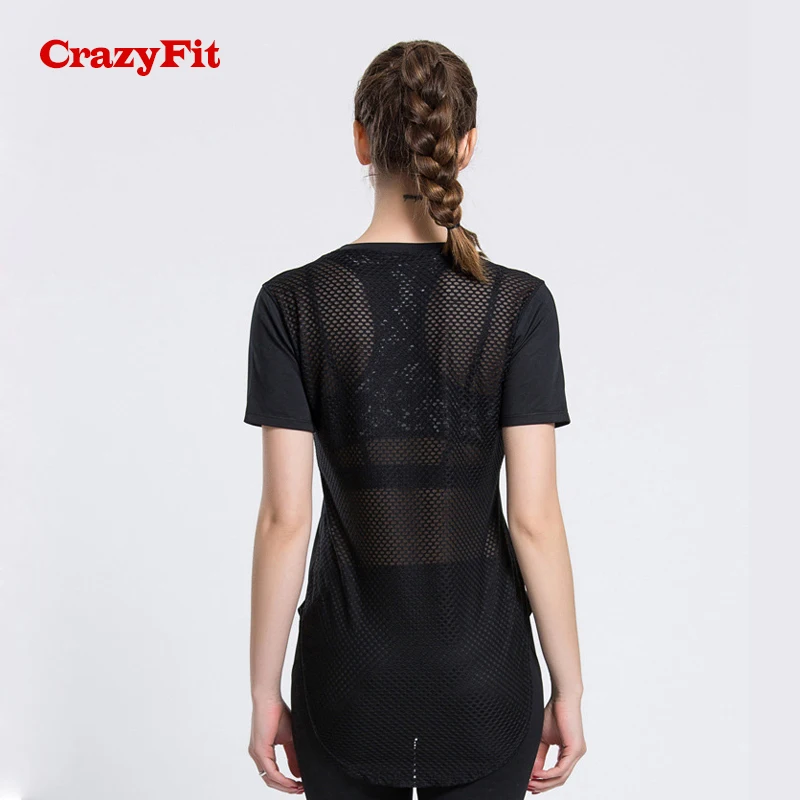 CrazyFit Сетчатая футболка спортивная женская 2018 Йога Топ Фитнес Футболка короткий