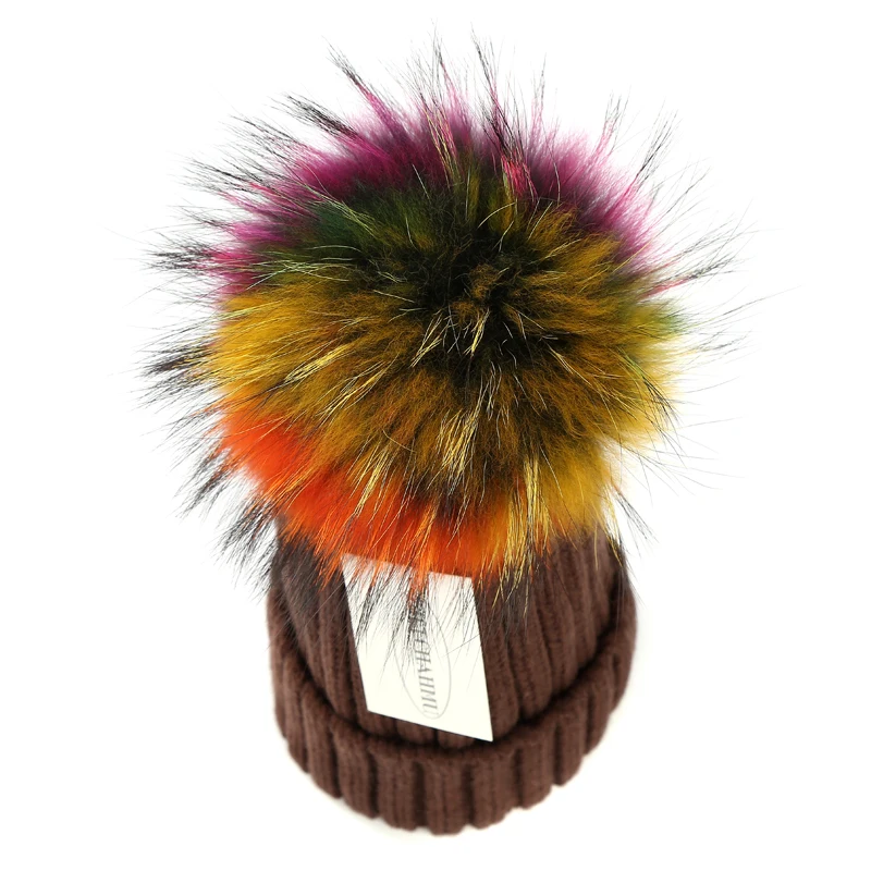 Модные новые помпоны из натурального Лисьего меха норки 15 см Skullies Beanies, шапки для женщин и девочек, зимние шапки, Детские теплые шапки Skullies Beanies