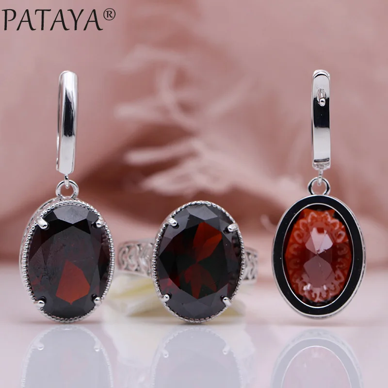 Pomegranate Red PATAYA, новинка, для женщин, для свадебной вечеринки, благородный, полый, ювелирный набор, белое золото, Овальный AB Цвет, натуральный циркон, тонкие серьги, набор колец - Окраска металла: Pomegranate Red