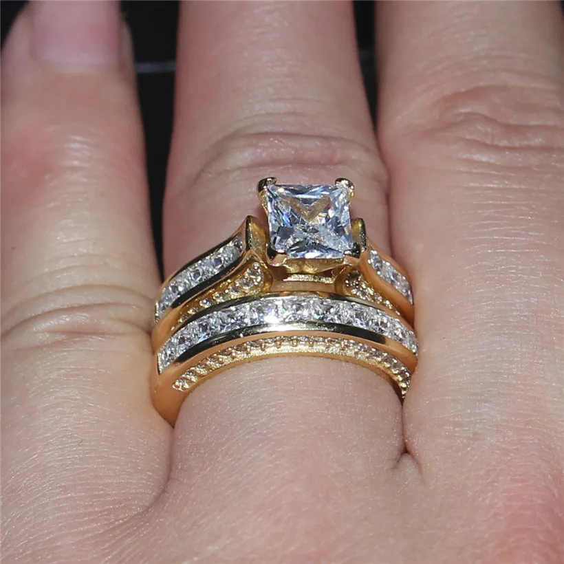 Choucong изделия класса люкс 7*7 мм Принцесса cut 15ct 5a Циркон 2-в-1 кольцо 14KT желтого золота обручальное кольцо с нашивкой в виде кольца на безымянном пальце для Для женщин