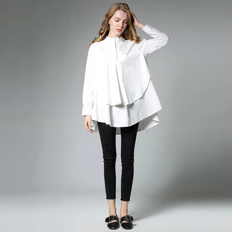 European Top design Big size Women's A line loose shirt 2017 Autumn asymmetrical Long sleeve Women Shirts 3XL Black White color|long women