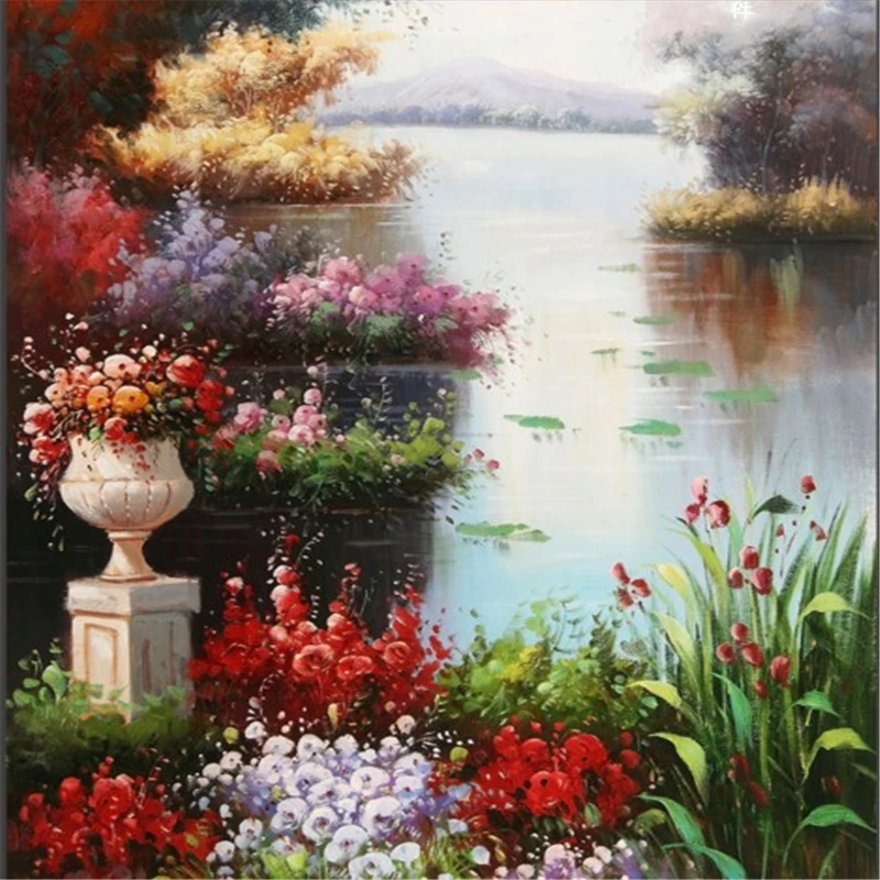 

beibehang scale custom murals waterfront of European - style landscape oil paintings entrance papel de parede para sala estar