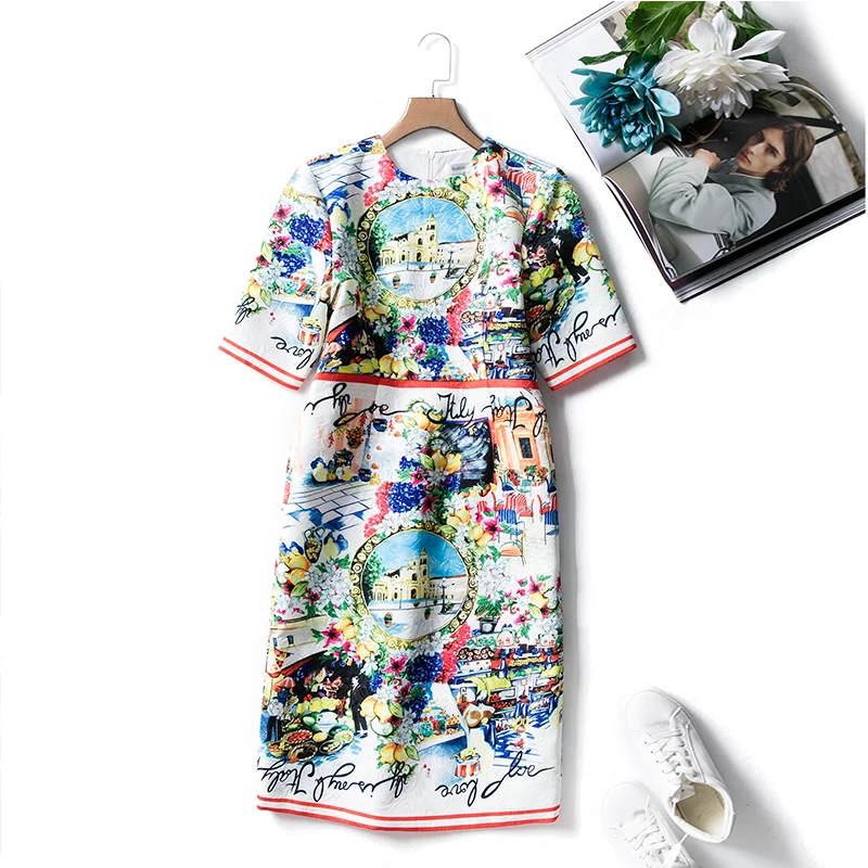 

Custom Dress S-4XL Vintage Fashion Brand 2018 Summer Newest Short Sleeve Silm Print Knee-Length Plus Size Dress Women