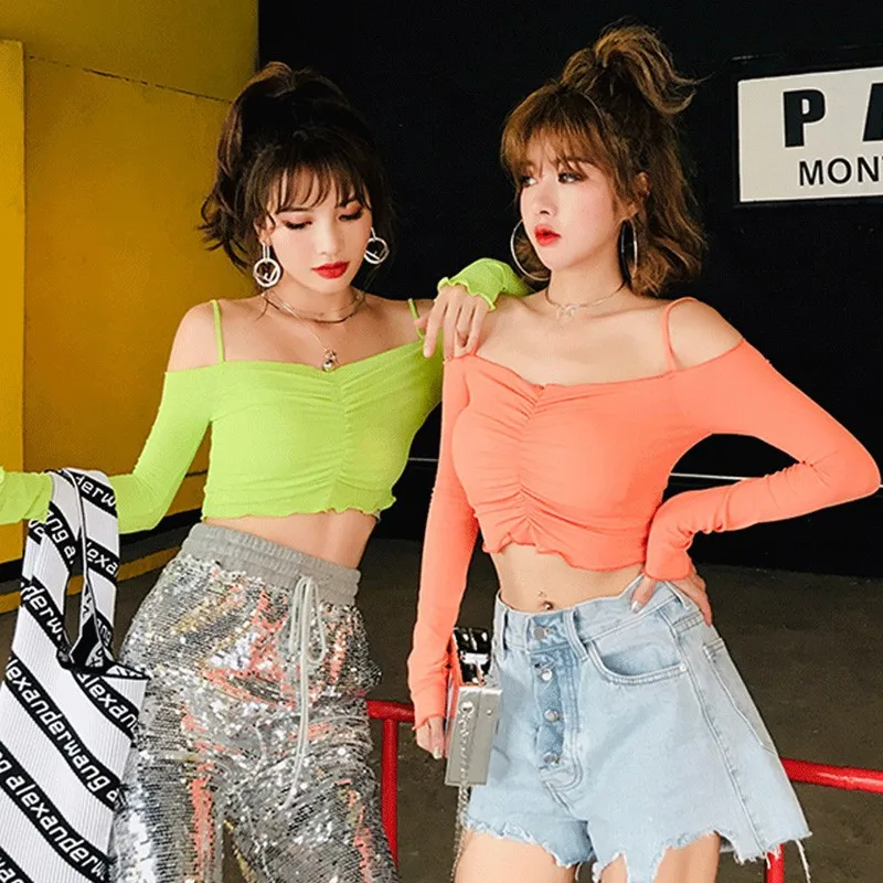 

Sexy Off Shoulder Slash Neck T-Shirt Long Sleeve Spaghetti Strap Crop Top Casual Women's Basic Tee